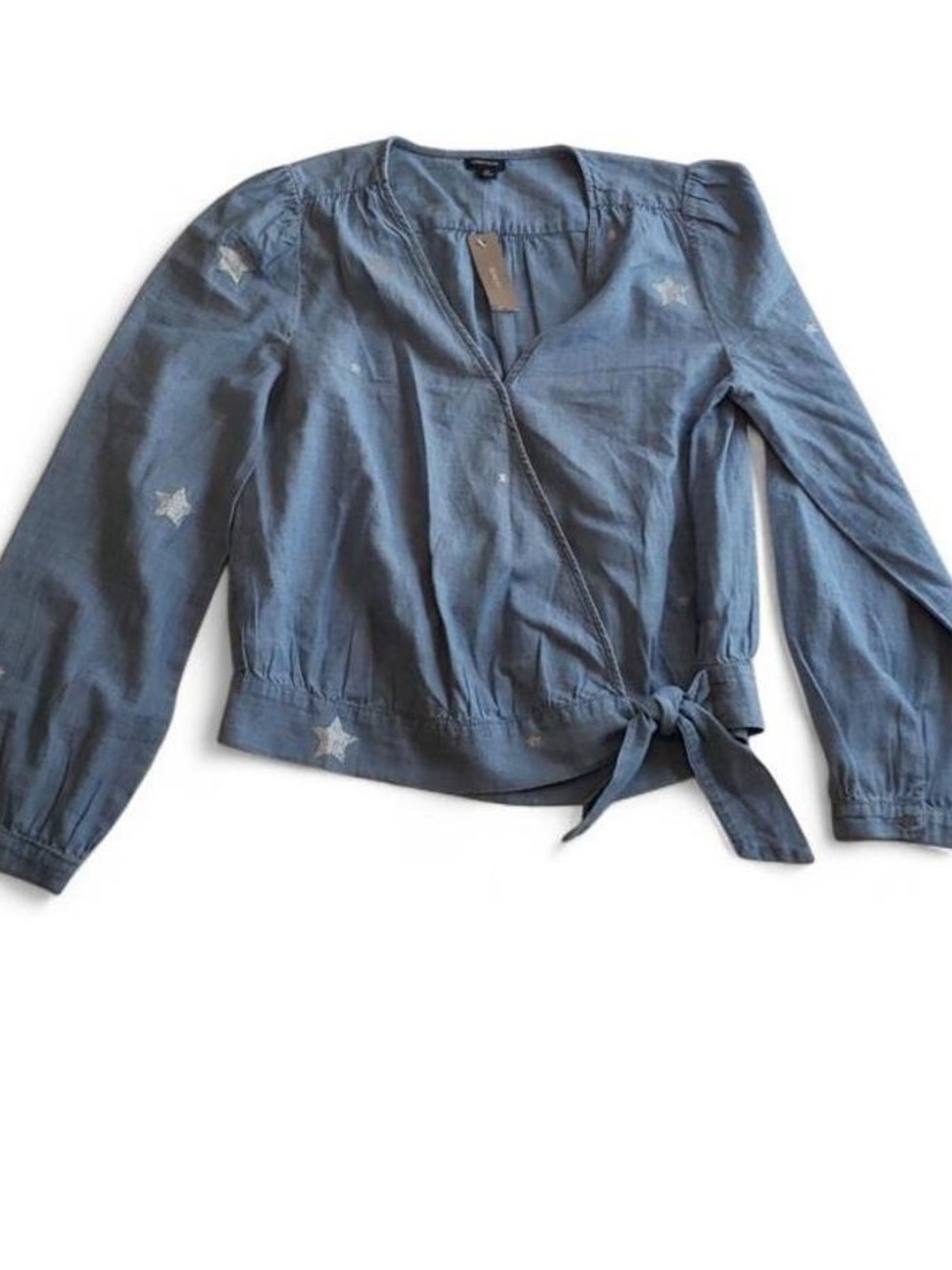 J.Crew chambray metallic silver star puff shoulders crossover v neck wrap blouse